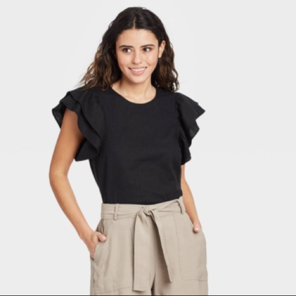 A New Day Black Linen Ruffle Sleeve Top, Sz. M